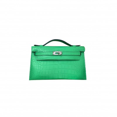 HERMÈS MASTER KELLY POCHETTE VERT COMICS MATTE ALLIGATOR GOLD HARDWARE (22*14*7cm) 